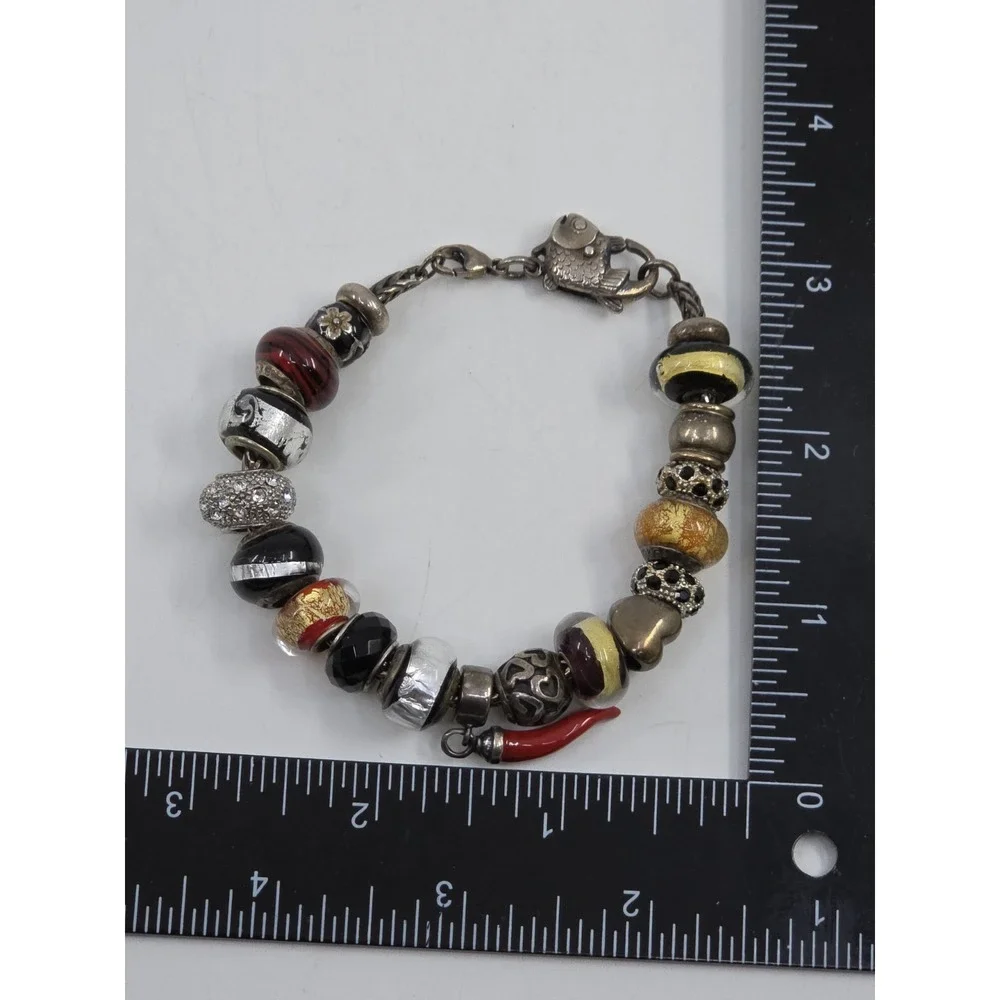 Trollbeads‎ LAA 925 Silver Fish Lock Bracelet Murano Glass Red Cornicello Charm